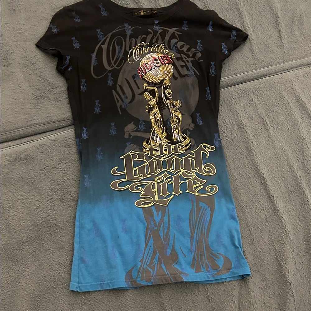 Christian Audigier Black and Blue Graphic Tee rhinestones